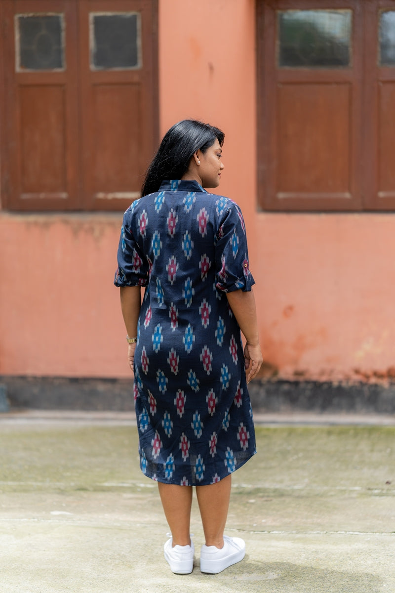 Blue Orchid Handwoven Ikat Cotton Shirt Dress