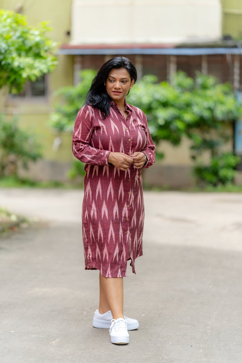 Anemone Maroon Handwoven Ikat Cotton Shirt Dress Medium Anemone Maroon Handwoven Ikat Cotton Shirt Dress Medium