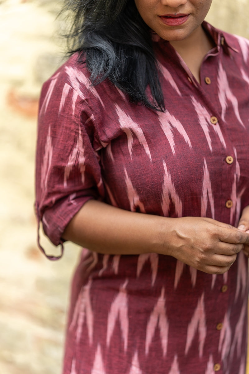 Anemone Maroon Handwoven Ikat Cotton Shirt Dress