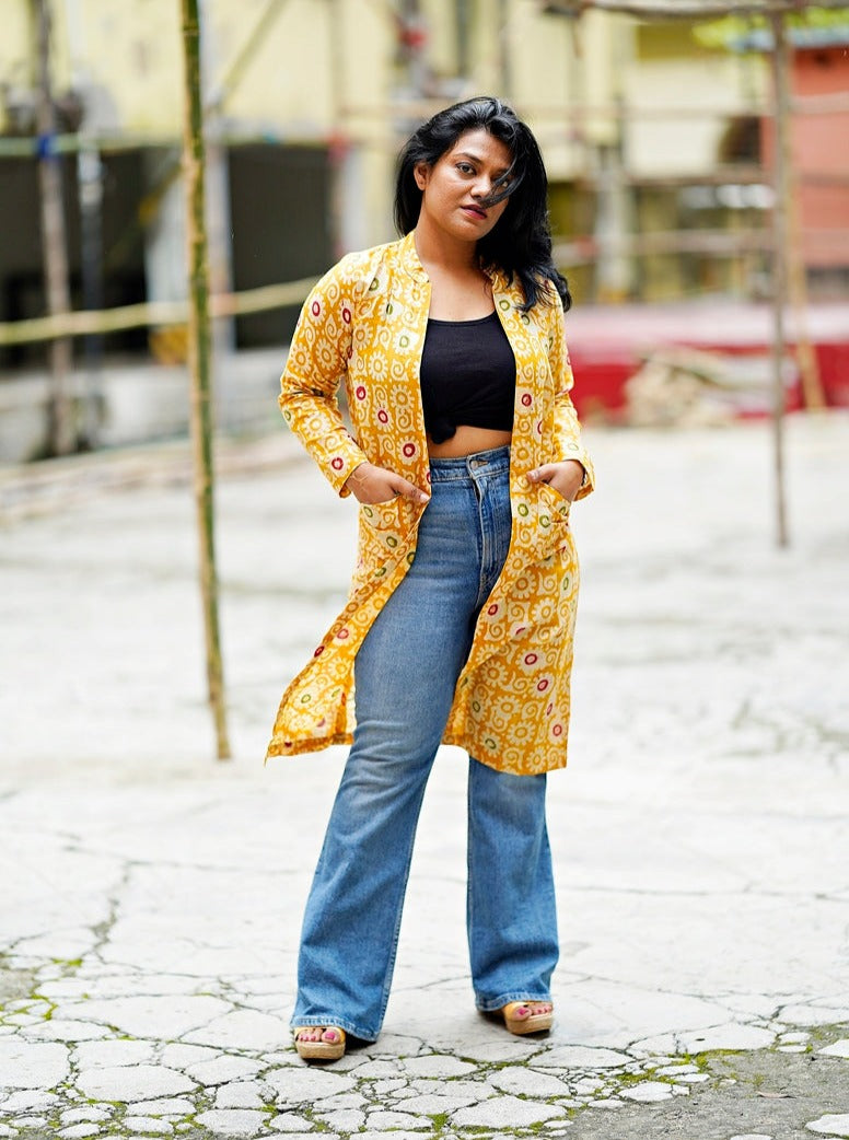 Yellow Batik Silk Longline Jacket