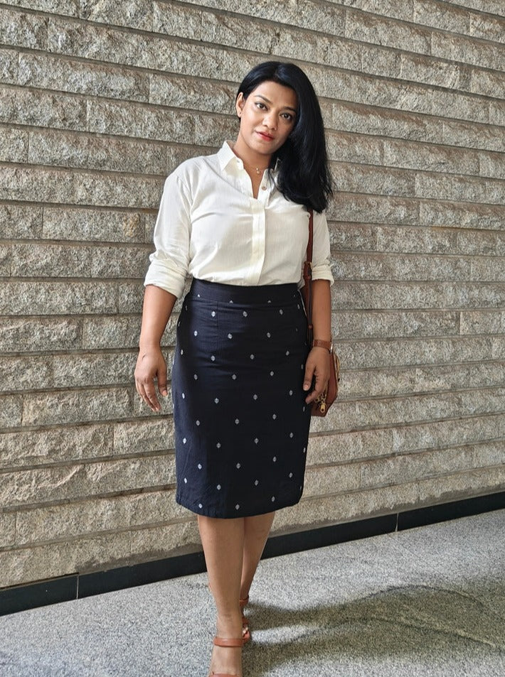 Midnight Black Jamdani Inspired Handloom Cotton Pencil Skirt