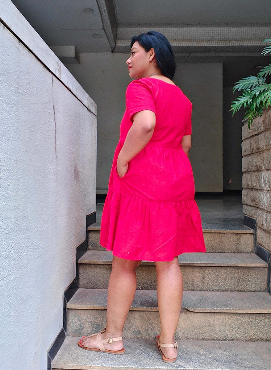 Red Linen Cotton Tiered V Neck Dress