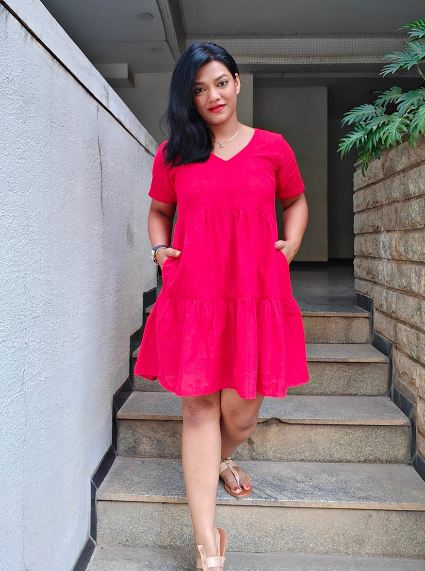 Red Linen Cotton Tiered V Neck Dress