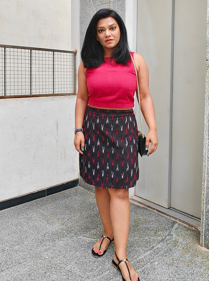 Zany Co-Ord Set Maroon Crop Top and Black Ikat A Line Skirt
