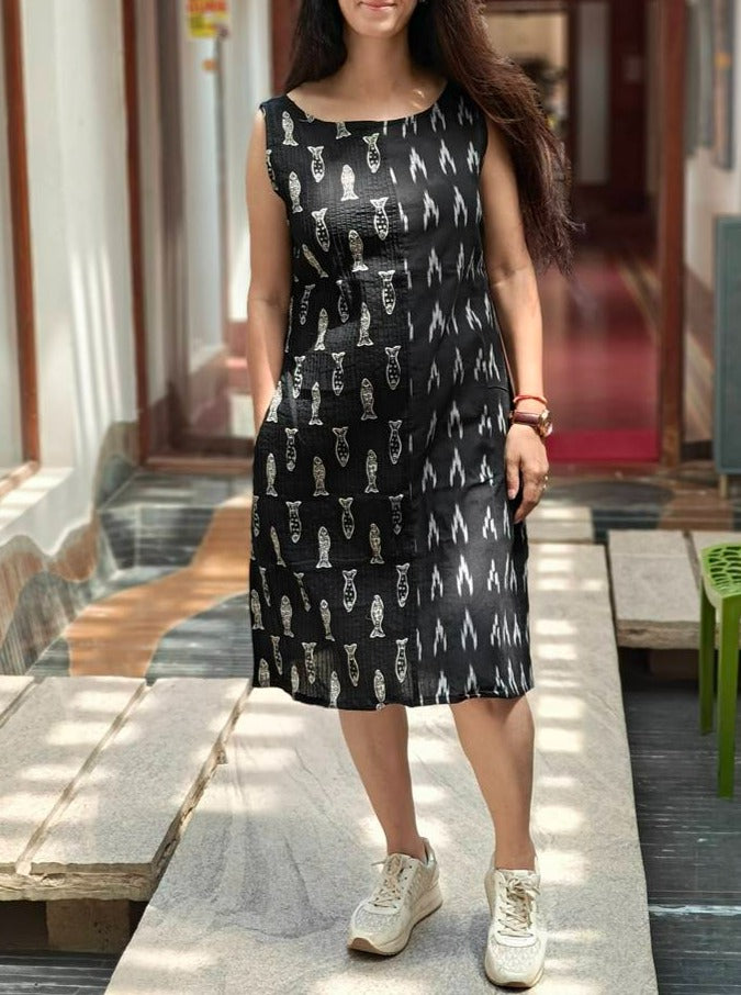 Black Fish and Ikat Handwoven Shift Dress