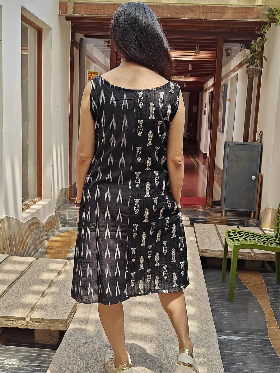 Black Fish and Ikat Handwoven Shift Dress