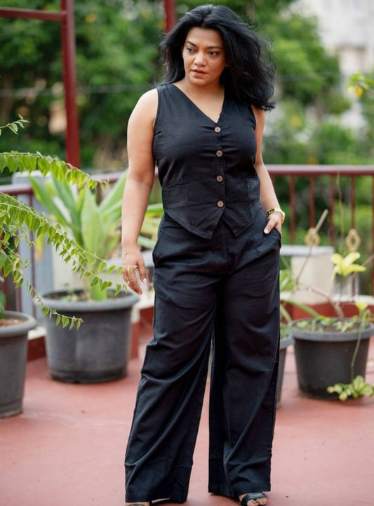 Co-Ord Set Black Handloom Waist Coat and Wide Leg Pants