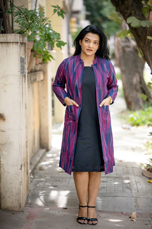 Purple Handwoven Ikat Jacket and Black Silk  Set of Two Dresses