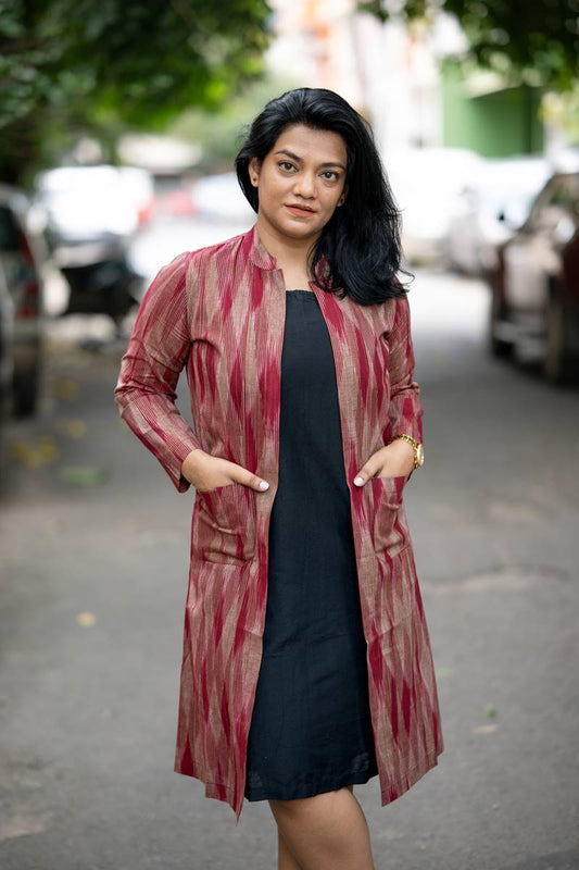 Maroon Handwoven Ikat Jacket and Black Silk  Set of Two Dresses