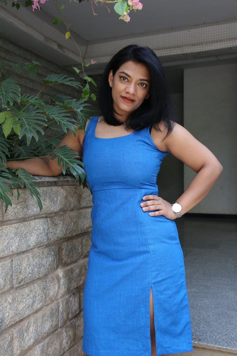 Blue Handloom Cotton Sheath Dress