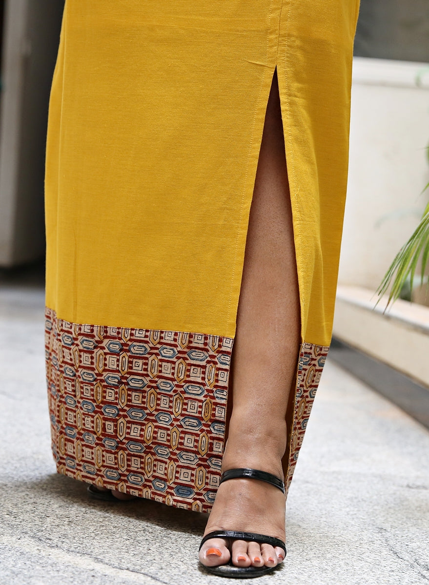 Mogra Yellow Handloom Cotton Maxi Skirt With Block Printed Border