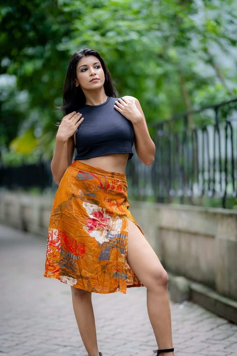 Brown Printed Cotton Viscose A Line Skirt with Slit