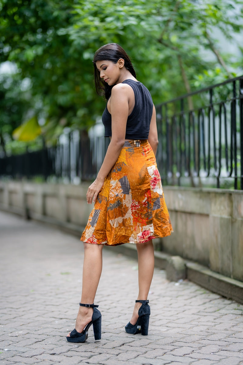 Brown Printed Cotton Viscose A Line Skirt with Slit