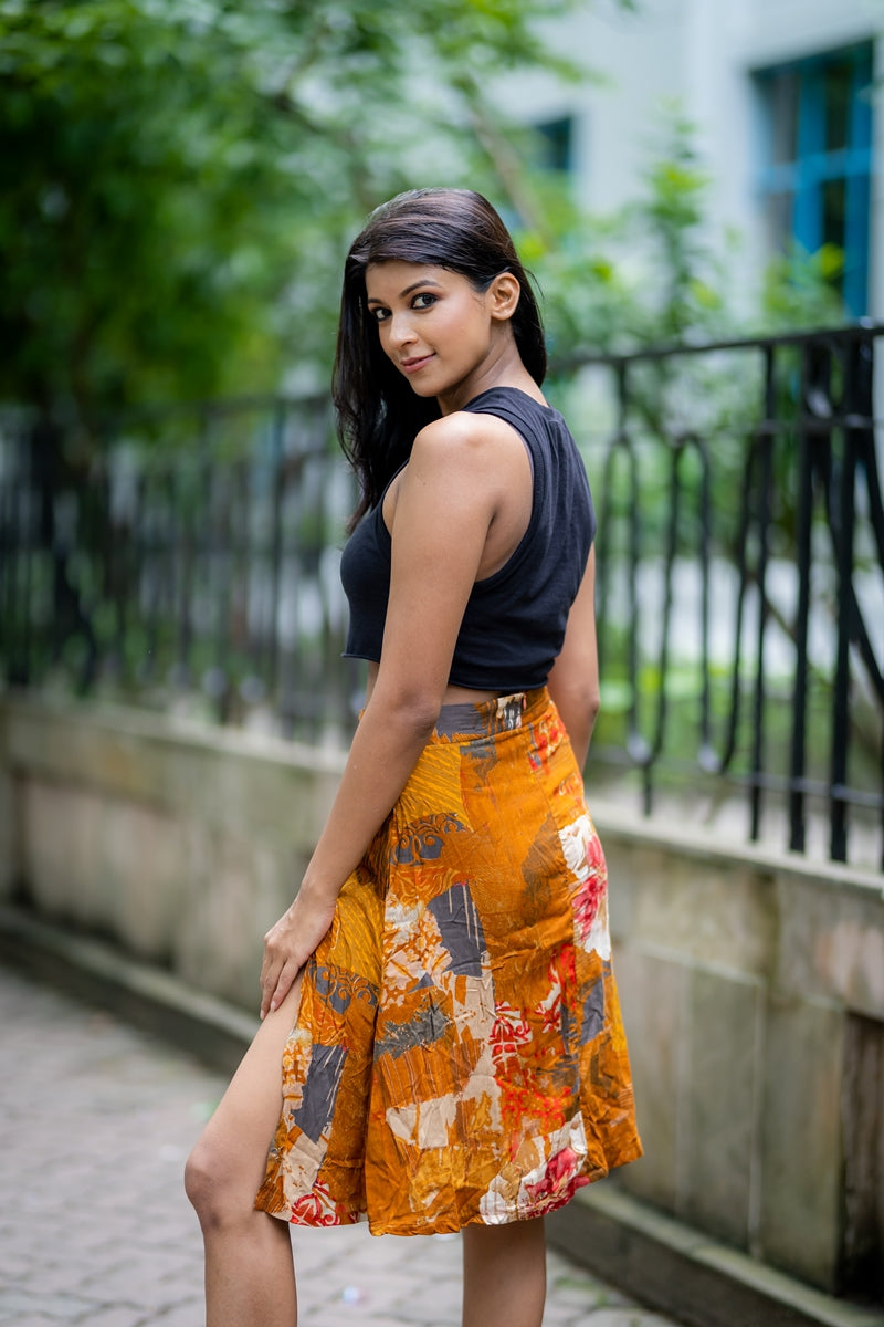 Brown Printed Cotton Viscose A Line Skirt with Slit