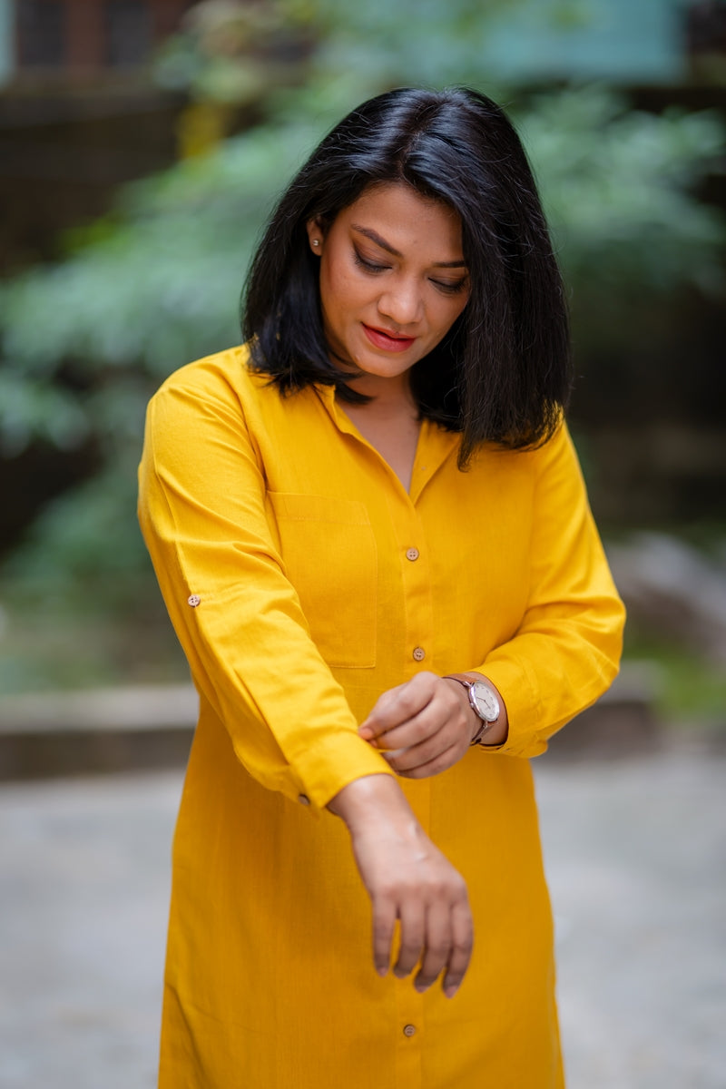 Yellow Handloom Cotton Shirt Dress