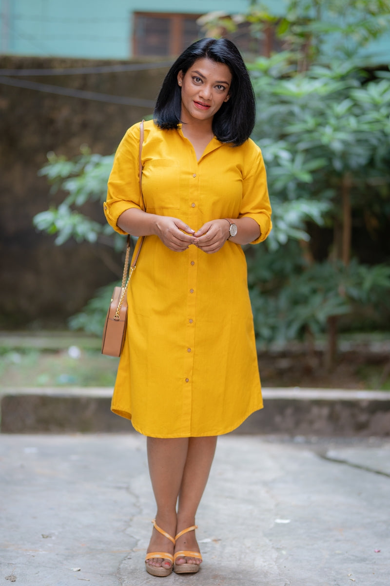 Yellow Handloom Cotton Shirt Dress