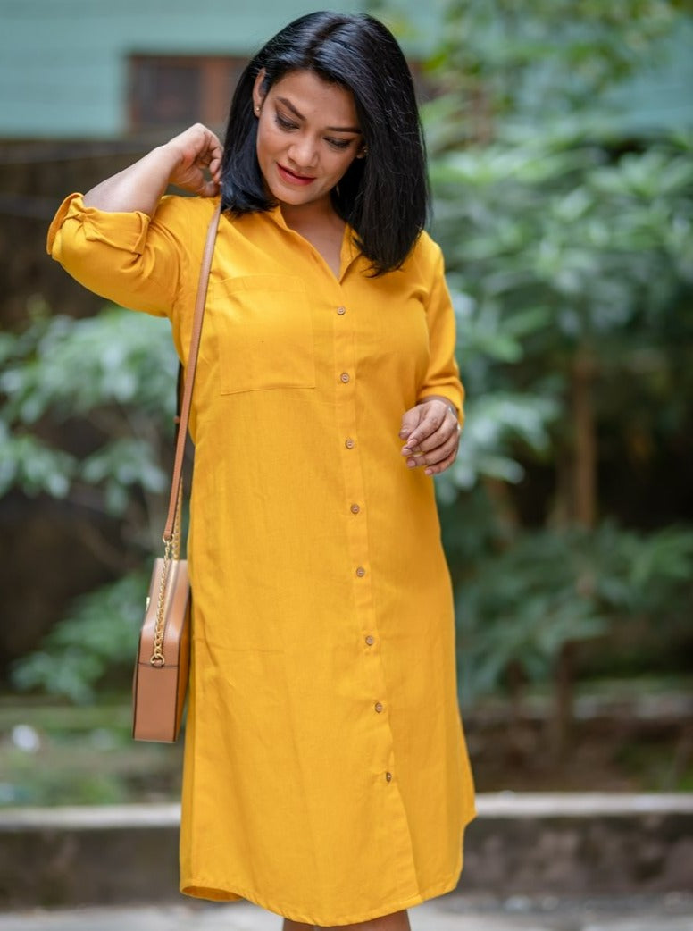 Yellow Handloom Cotton Shirt Dress