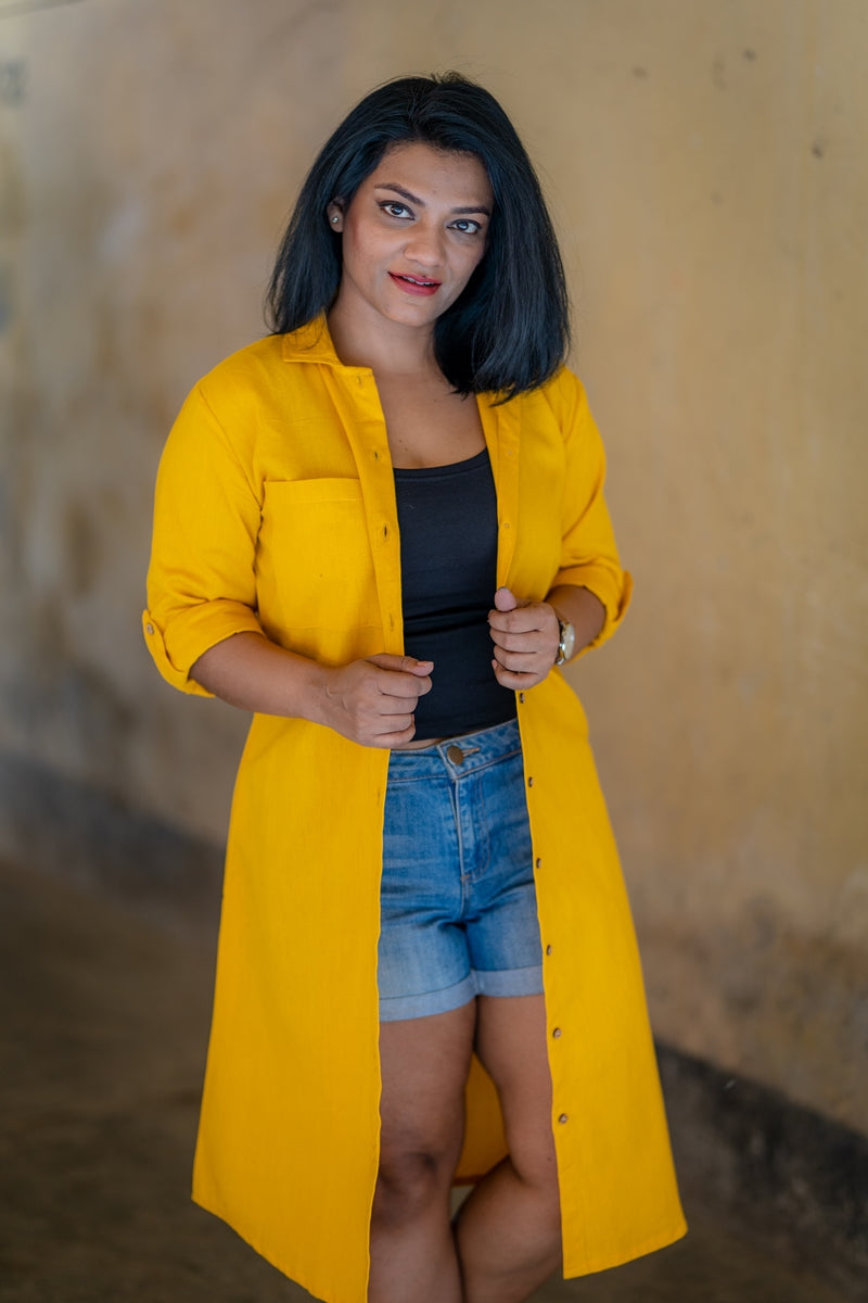 Yellow Handloom Cotton Shirt Dress