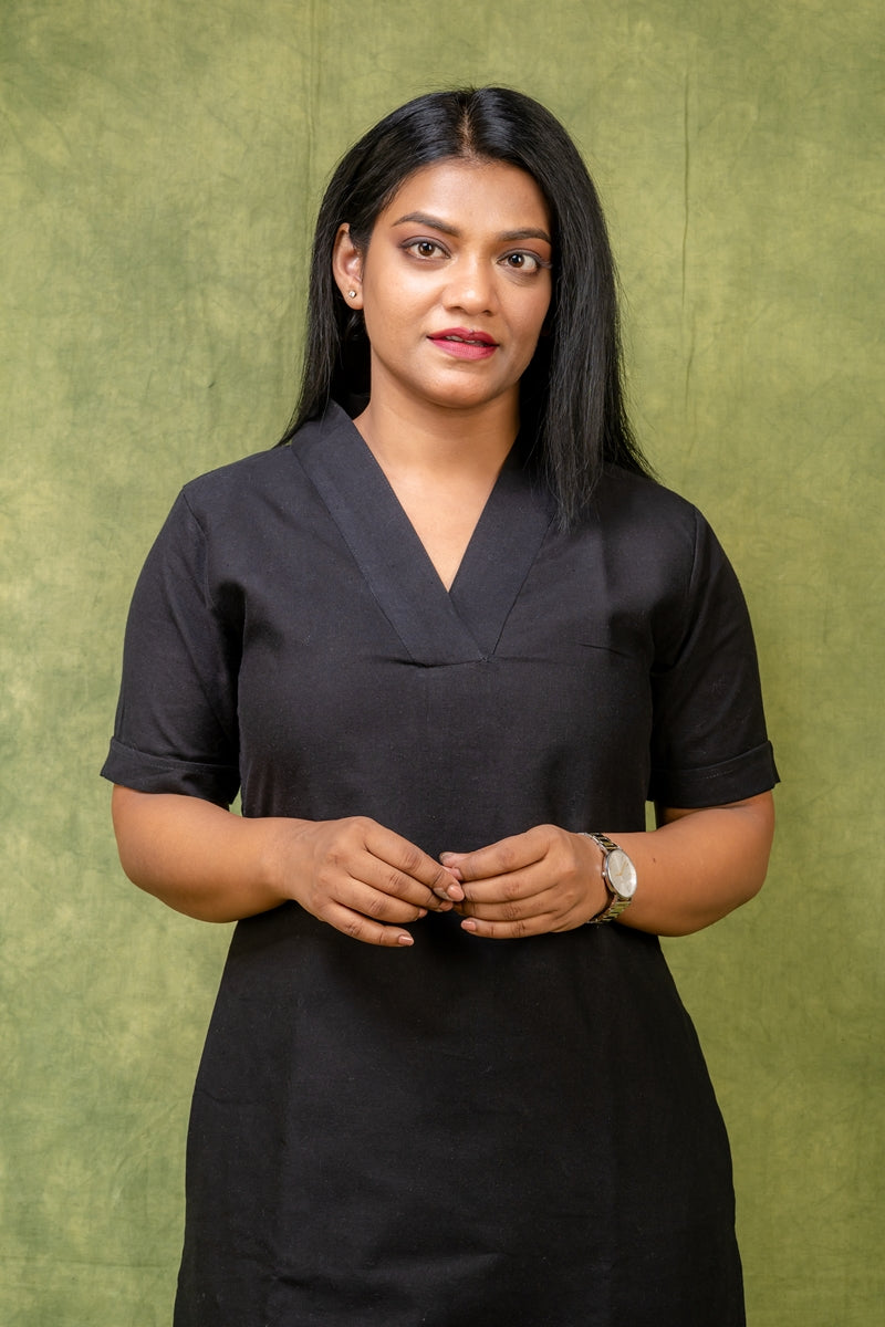 Black Handwoven Cotton Shift Dress with Red Ikat Border