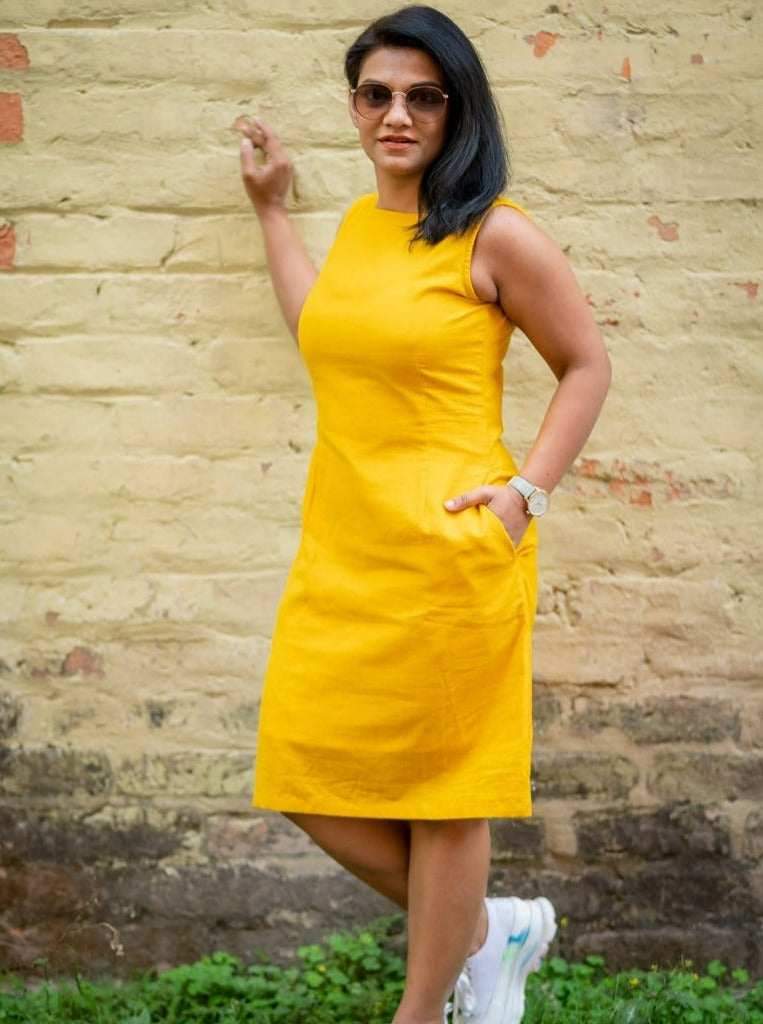 Yellow Handloom Cotton Shift Dress