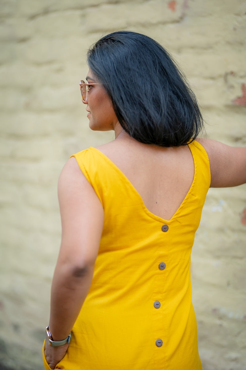 Mustard Yellow Cotton V Back Shift Dress