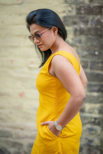 Mustard Yellow Cotton V Back Shift Dress
