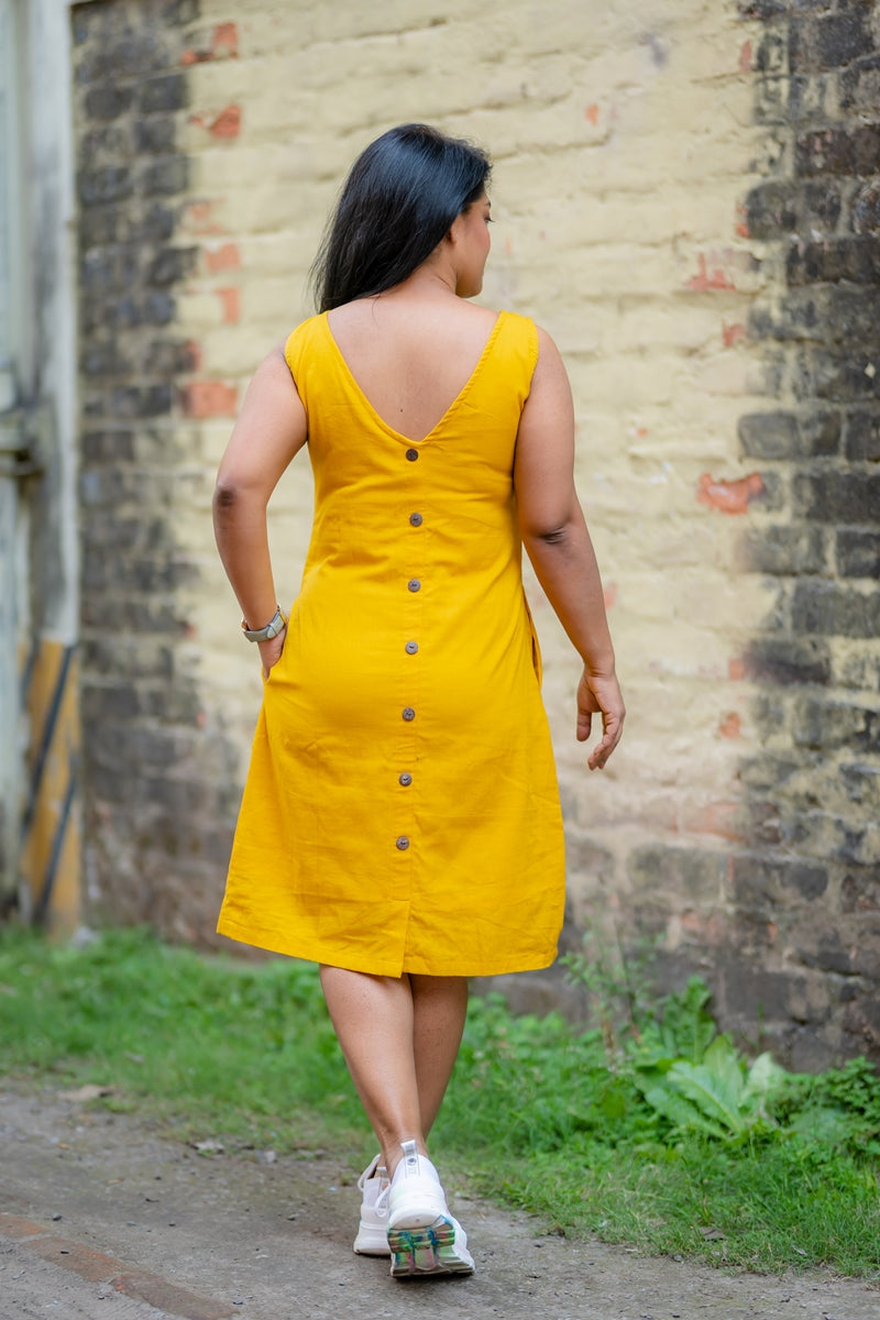 Mustard Yellow Cotton V Back Shift Dress