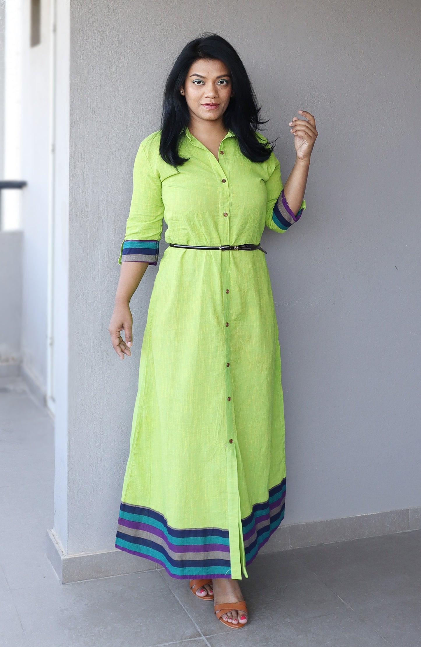 Green Cotton Maxi Dress with Belt - Main Image
