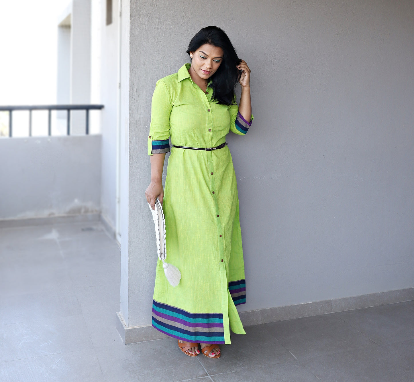 Green Khaadi Cotton Maxi Dress with Belt