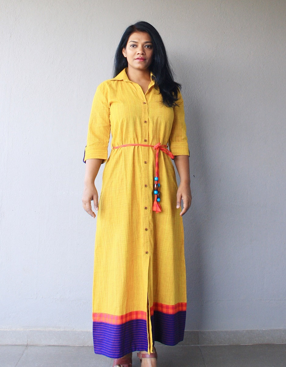 Yellow Cotton Maxi Dress with Belt