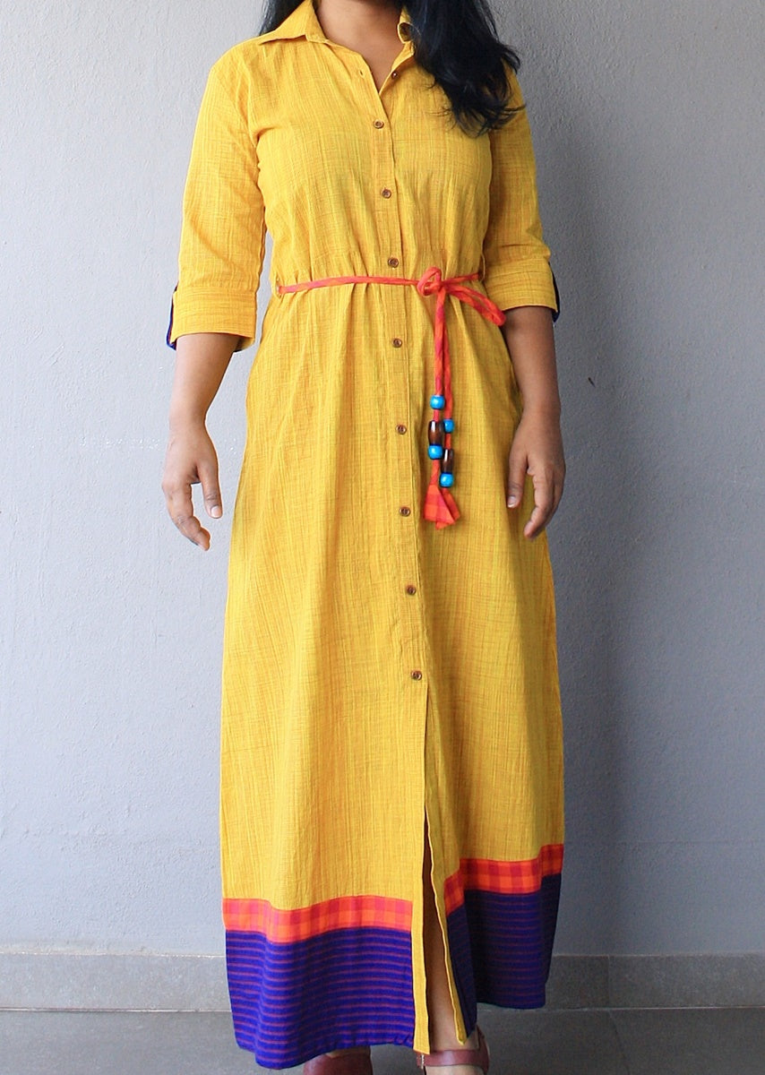 Yellow Cotton Maxi Dress with Belt