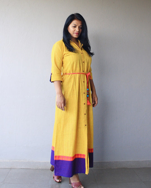 Yellow Cotton Maxi Dress with Belt