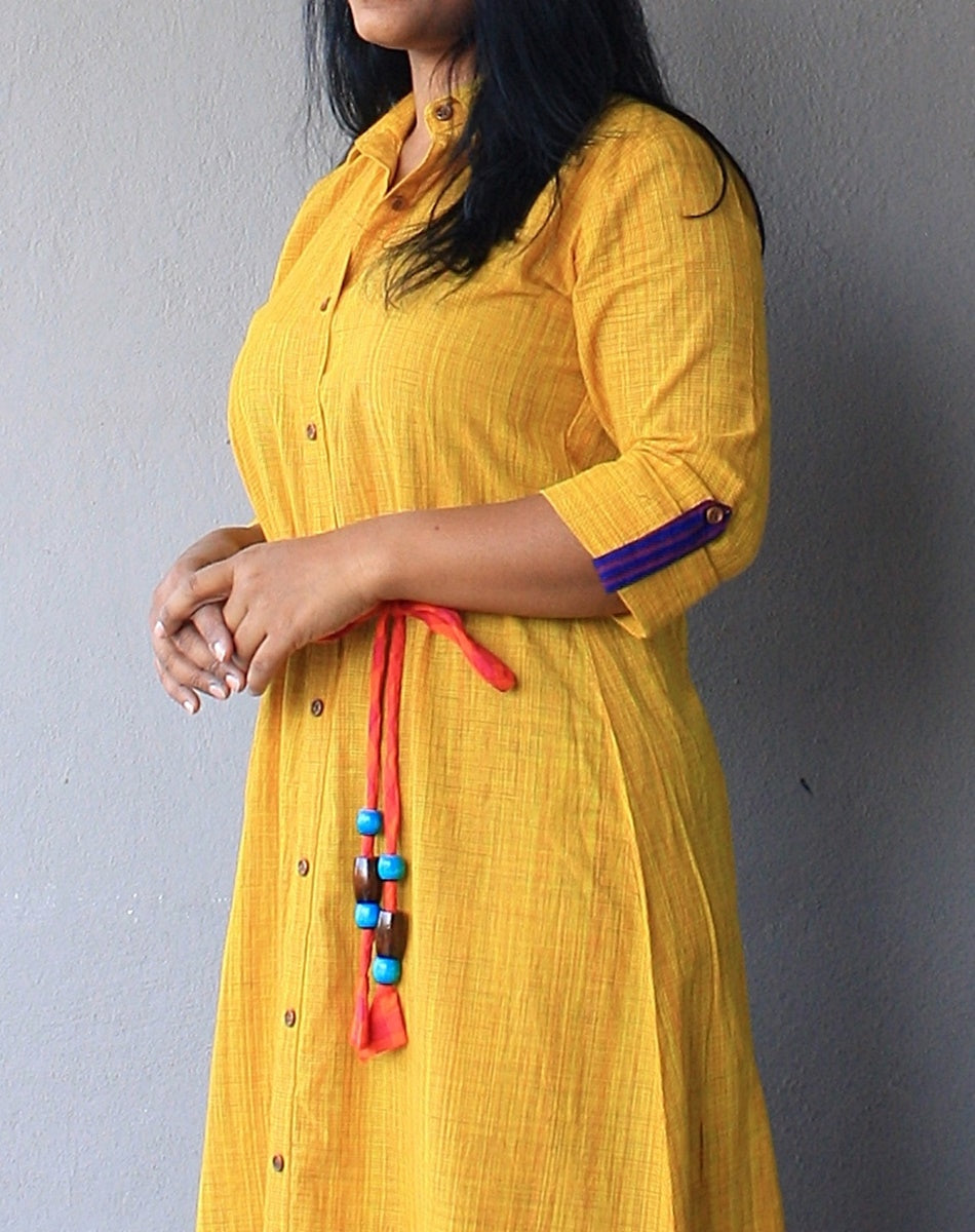 Yellow Cotton Maxi Dress with Belt