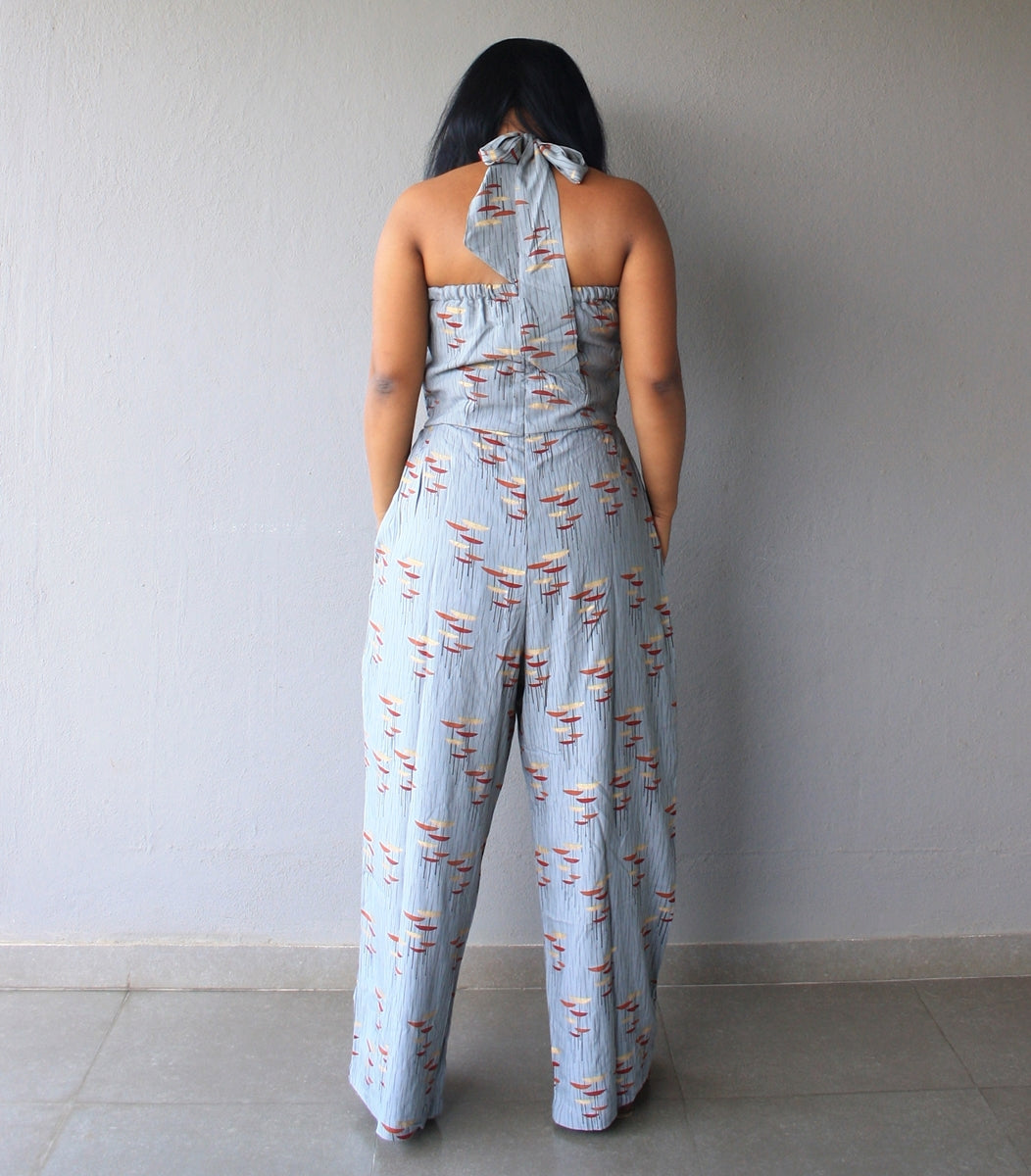 Grey Printed Halterneck Cotton Jumpsuit