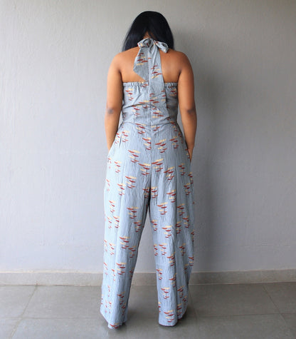 Grey Printed Halterneck Cotton Jumpsuit