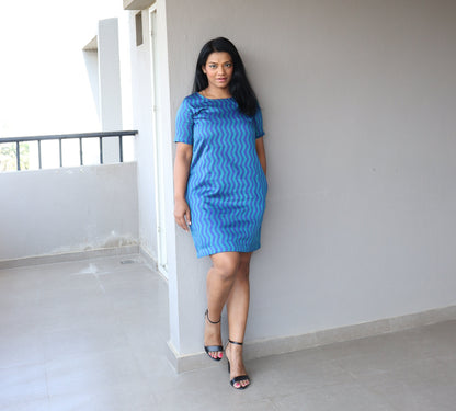 Blue Cotton Silk Shift Dress