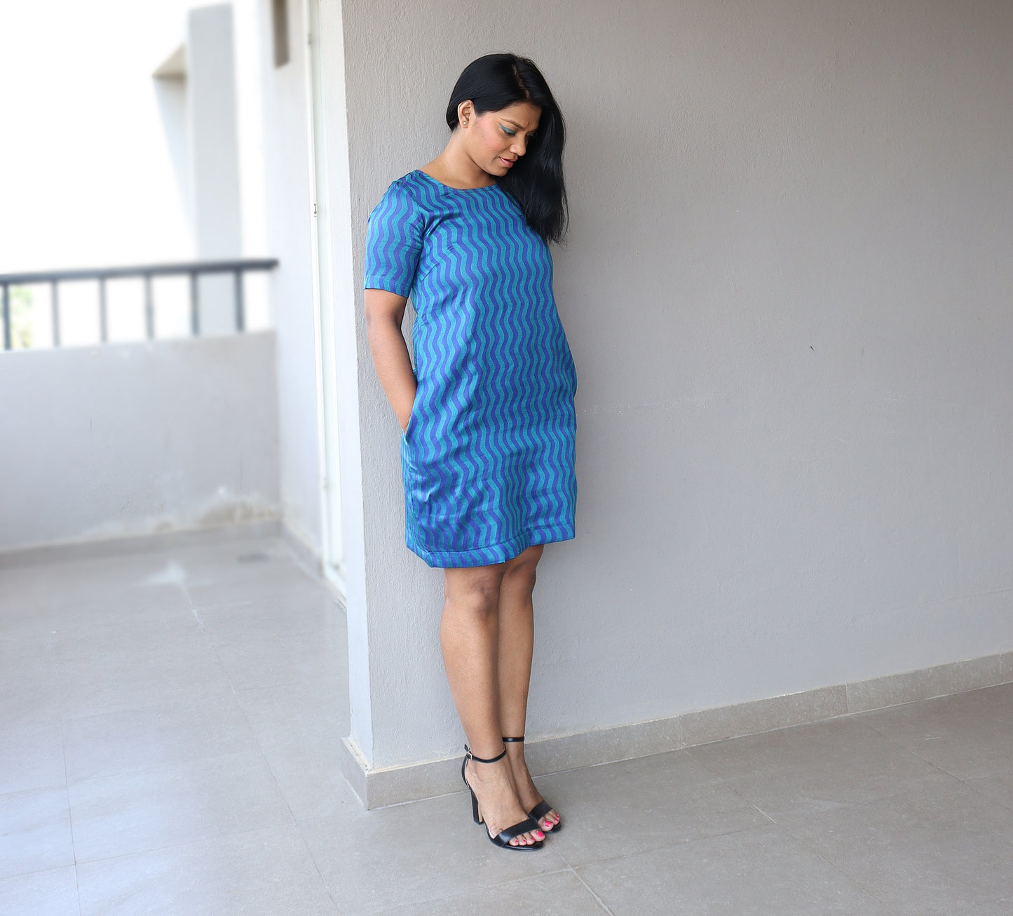 Blue Cotton Silk Shift Dress