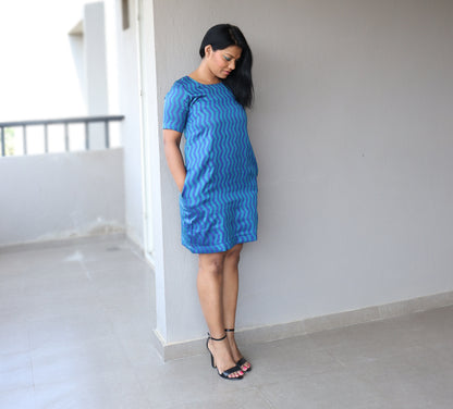 Blue Cotton Silk Shift Dress