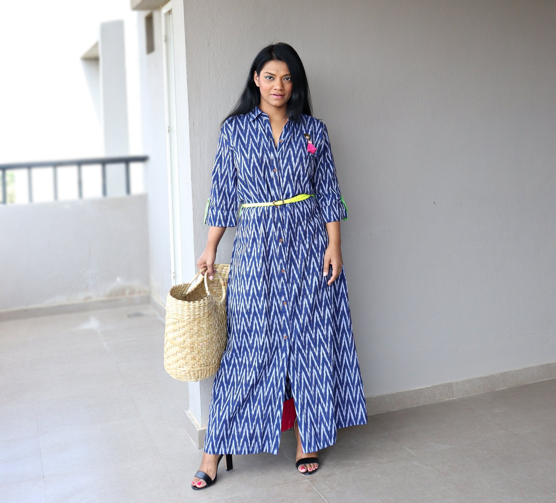 Indigo Handwoven Ikat Cotton Maxi Dress with Belt