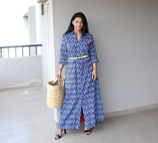 Indigo Handwoven Ikat Cotton Maxi Dress with Belt