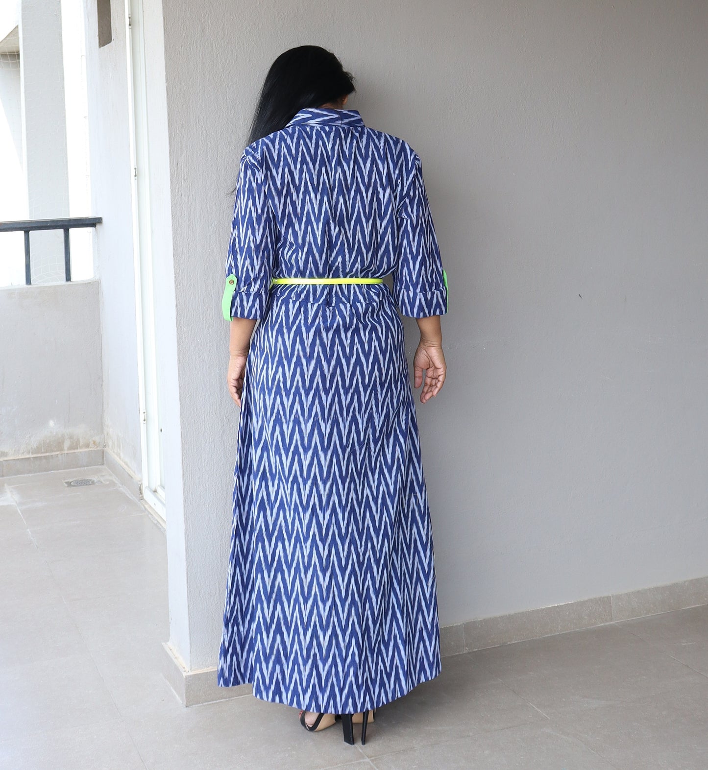 Indigo Handwoven Ikat Cotton Maxi Dress with Belt