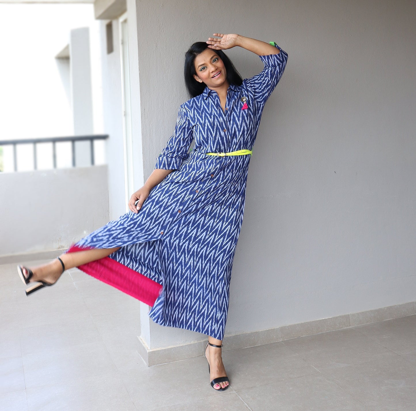 Indigo Handwoven Ikat Cotton Maxi Dress with Belt