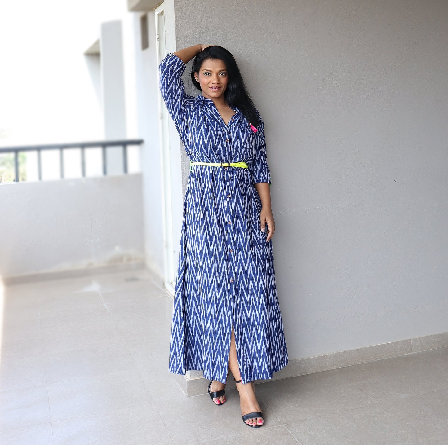 Indigo Handwoven Ikat Cotton Maxi Dress with Belt