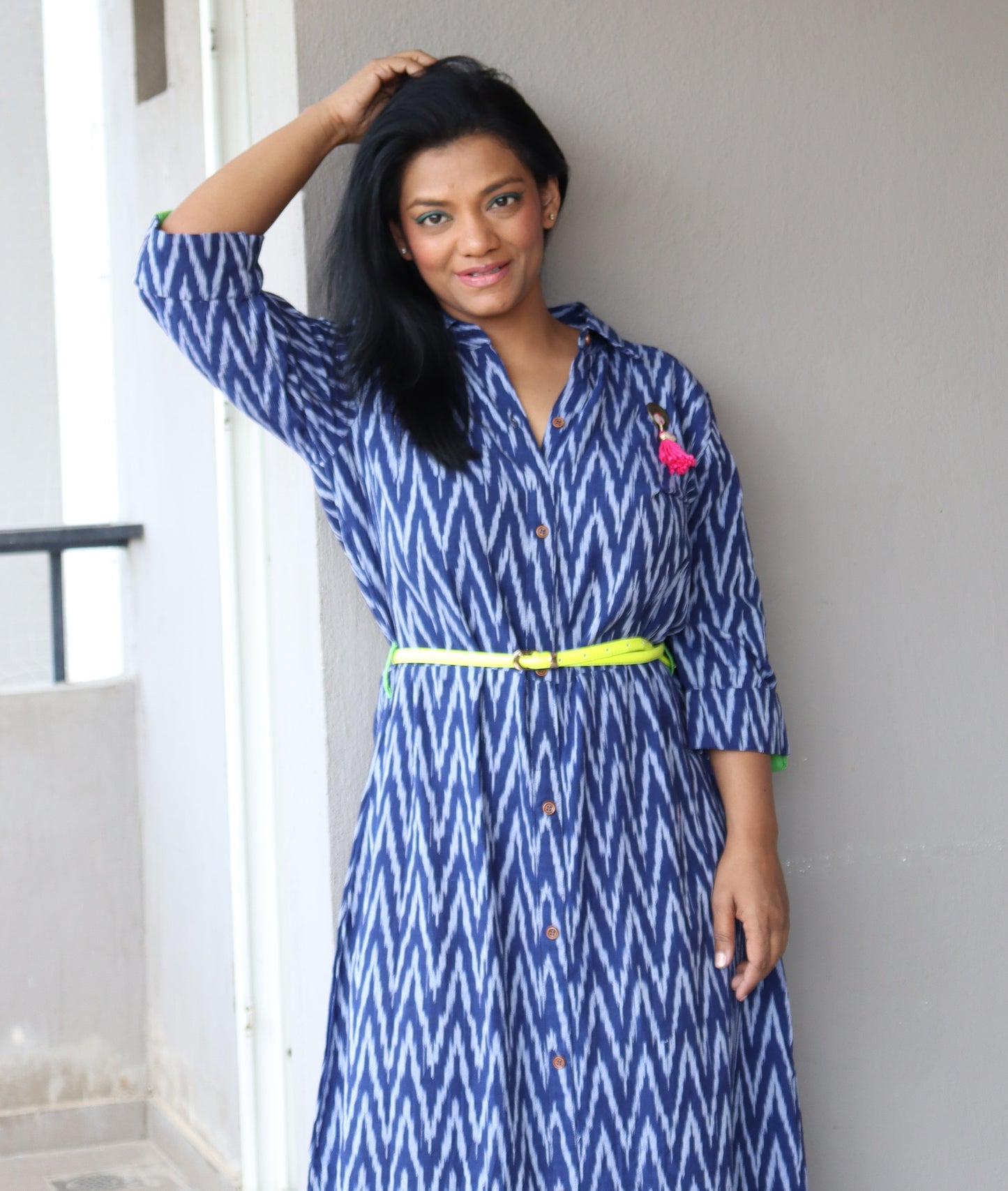 Indigo Handwoven Ikat Cotton Maxi Dress with Belt