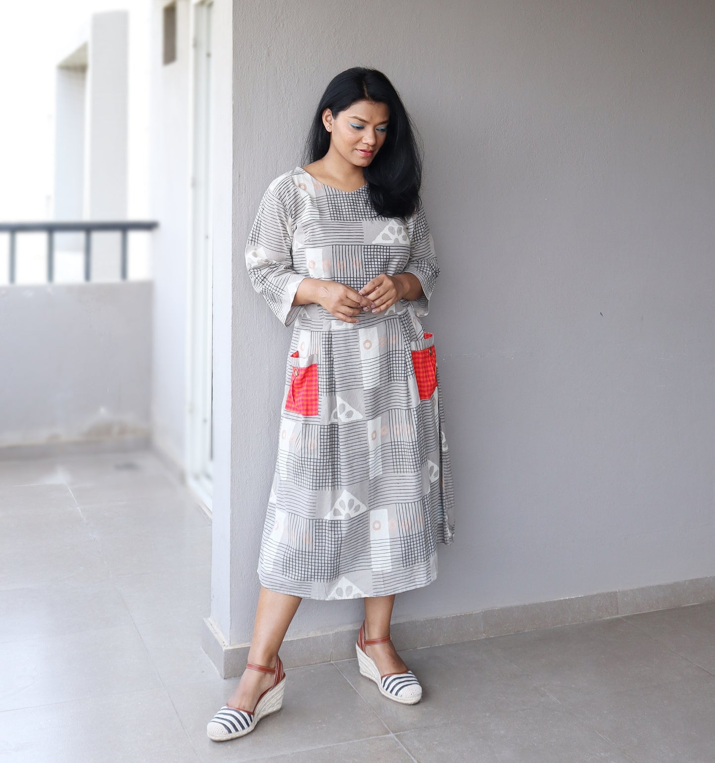 Grey Cotton Printed Fit and Flare Dress