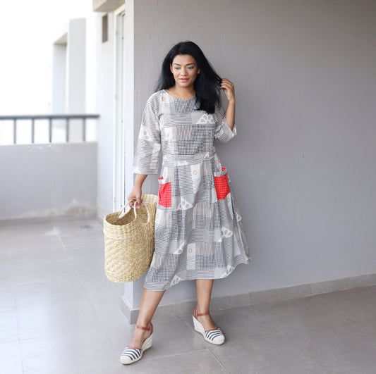 Grey Cotton Printed Fit and Flare Dress