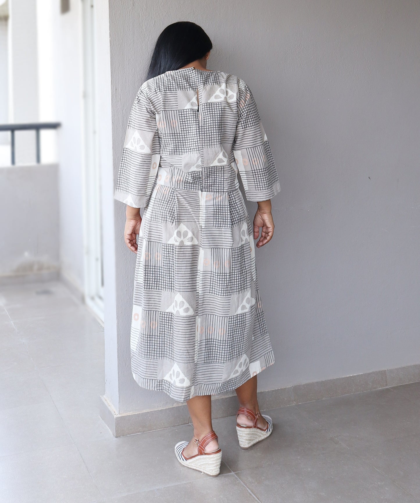 Grey Cotton Printed Fit and Flare Dress