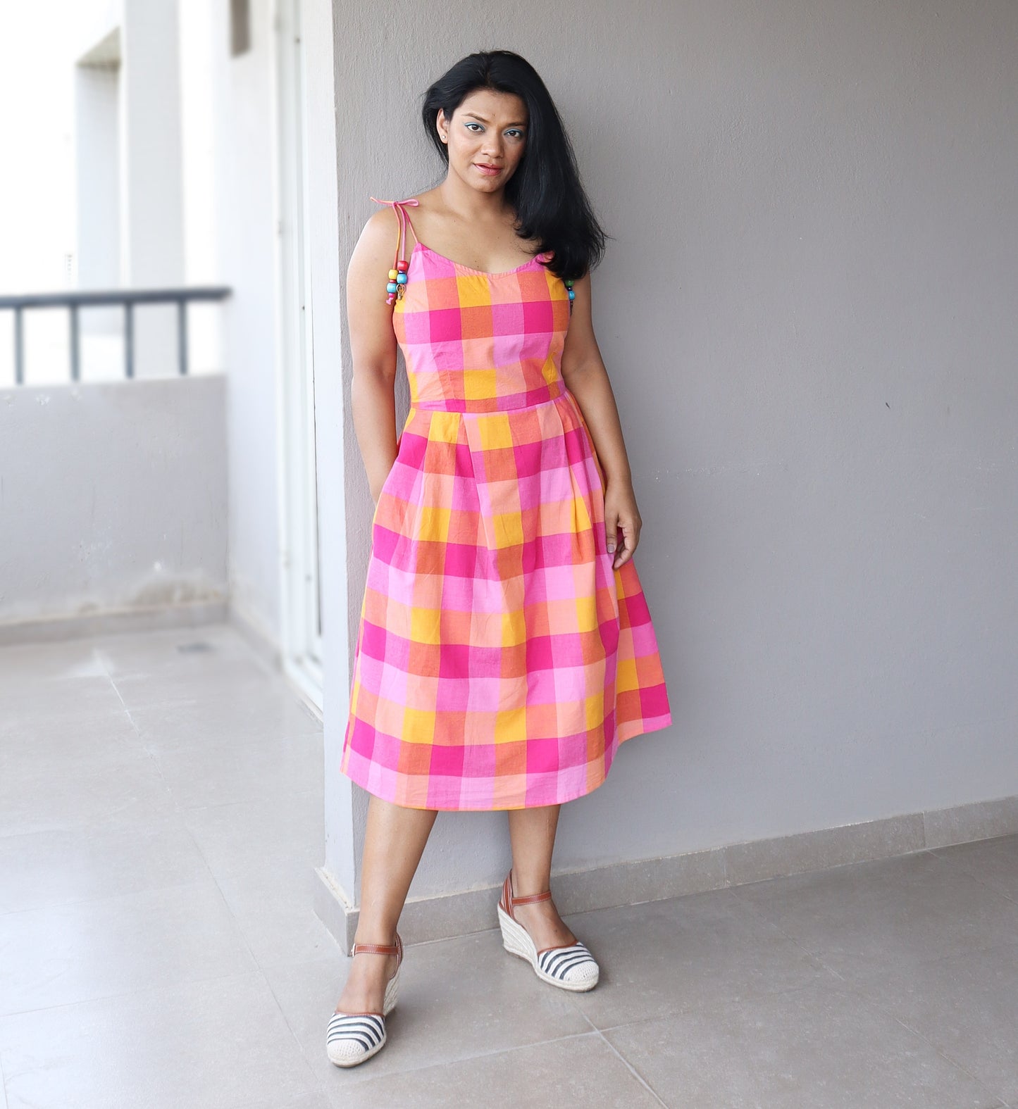 Pink Checkered Midi Dress with Straps