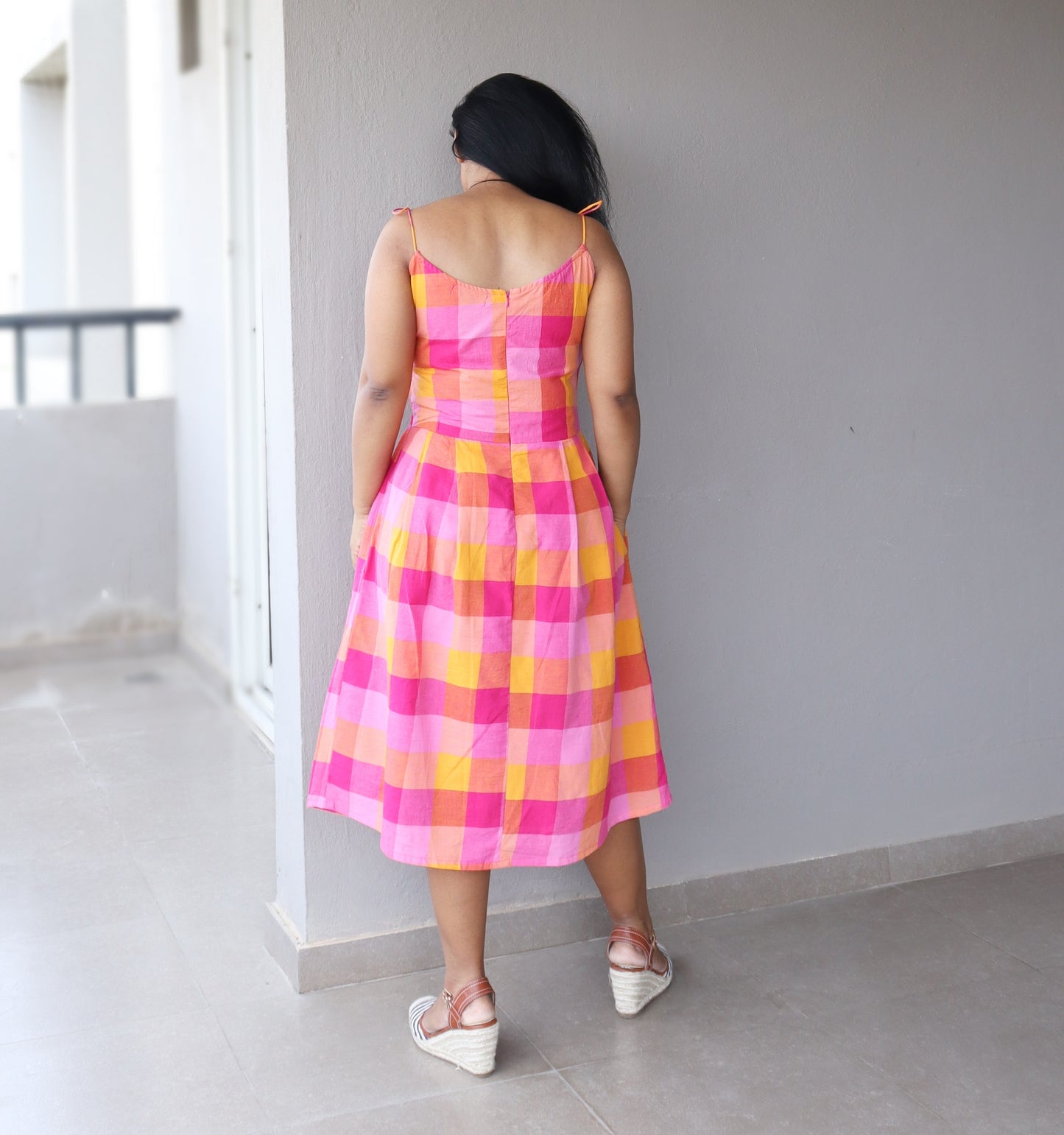 Pink Checkered Midi Dress with Straps