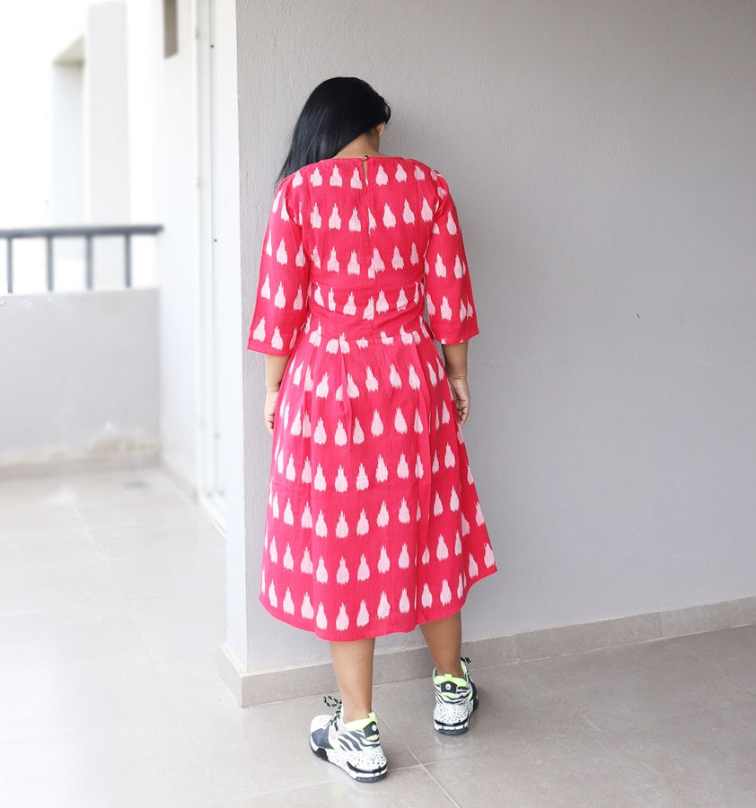 Laal Paakhi Red Handwoven Ikat Cotton Midi Dress
